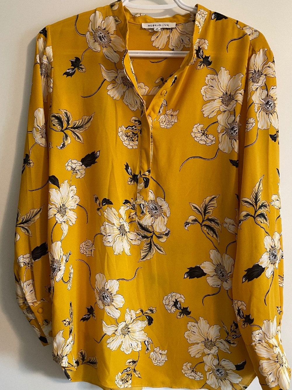 EUC Rose & Olive Mustard Yellow Floral Button Down Tunic Blouse Size Medium